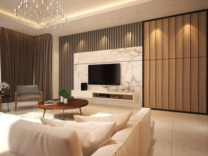 False Ceiling with Warm Wooden Rafter Inserts & Recessed COB Spotlights - Execution #